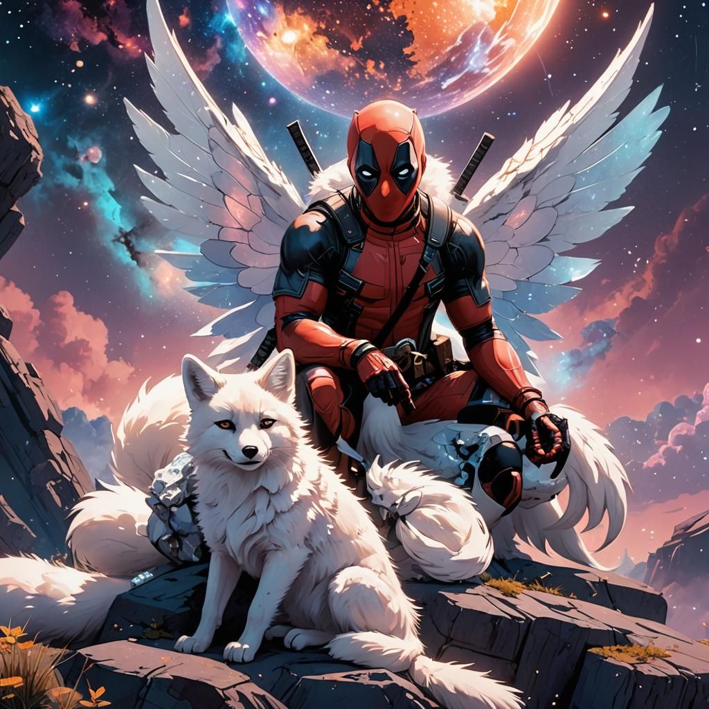 Deadpool with Fairy Wings in Cosmic Anime Art