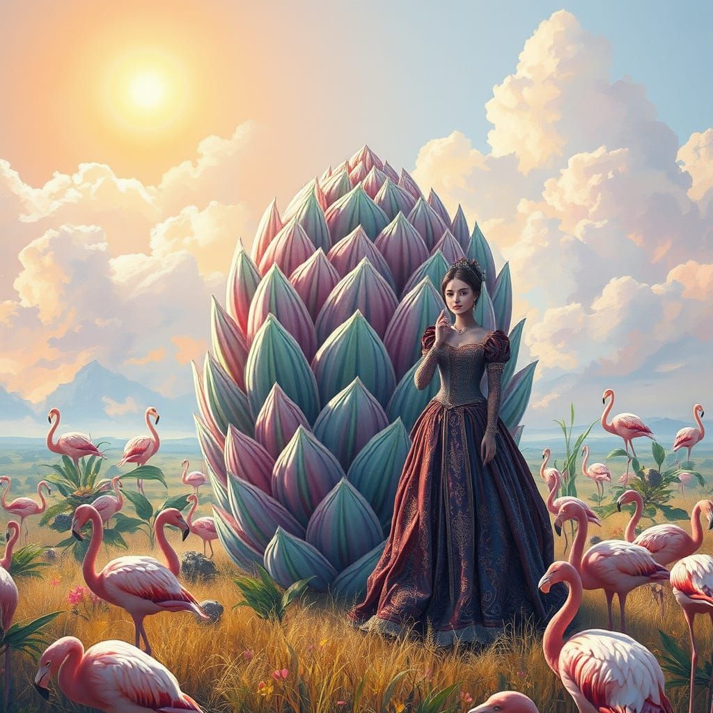 Alien Botanist Tends Majestic Flamingos in Futuristic Field