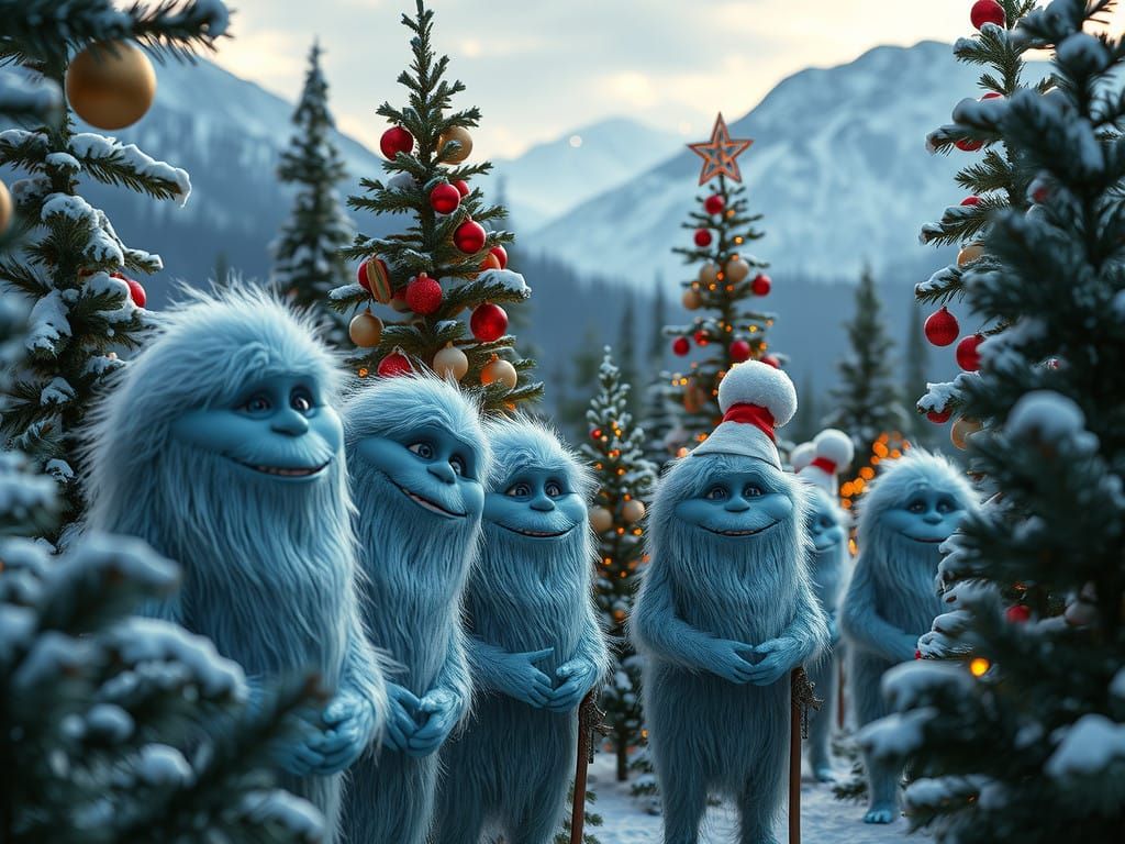 Surreal Yetis Admire Winter Wonderland