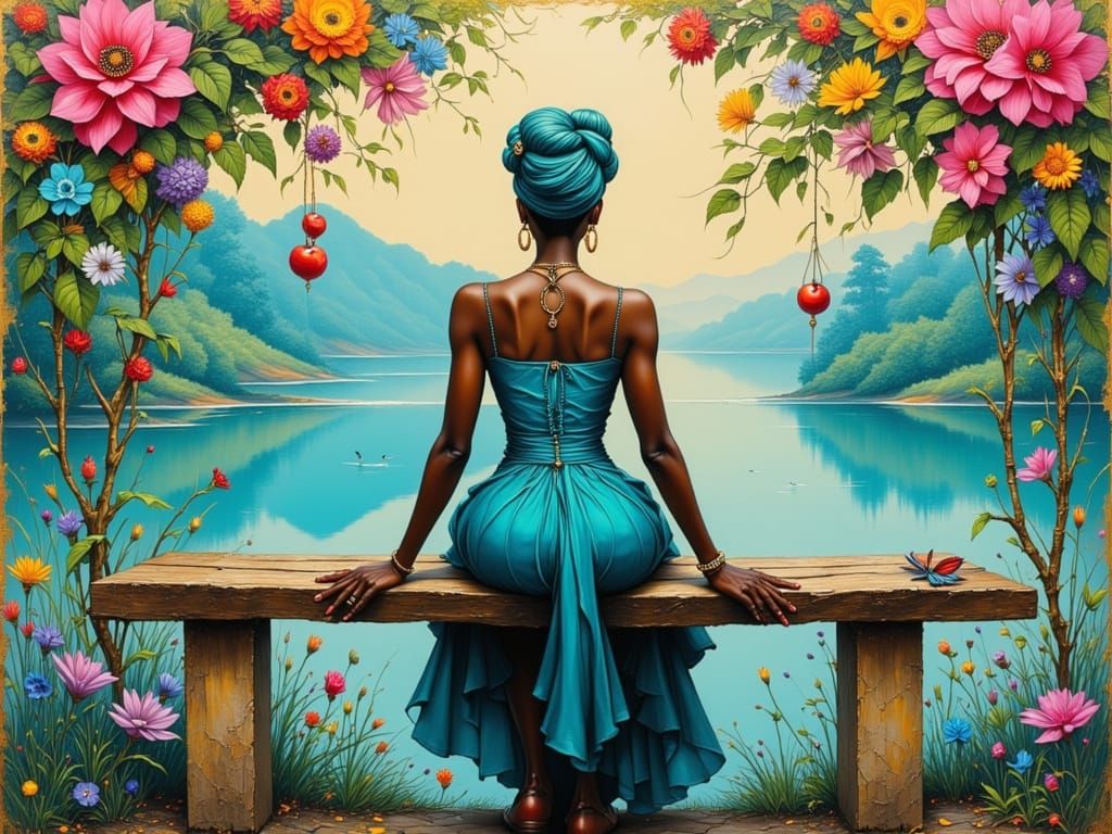 Older Black Woman on Park Bench in Turquoise Dress