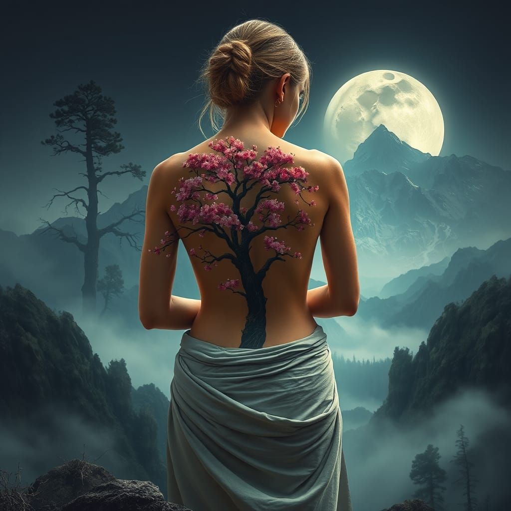 Back Tattoo in Misty Landscape: Digital Matte Painting