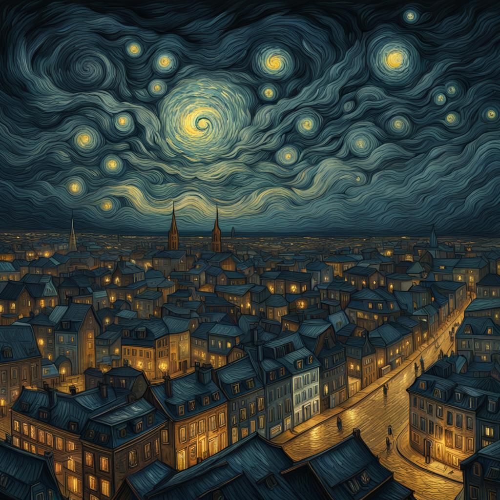 Night Cityscape in Van Gogh Style Illustration