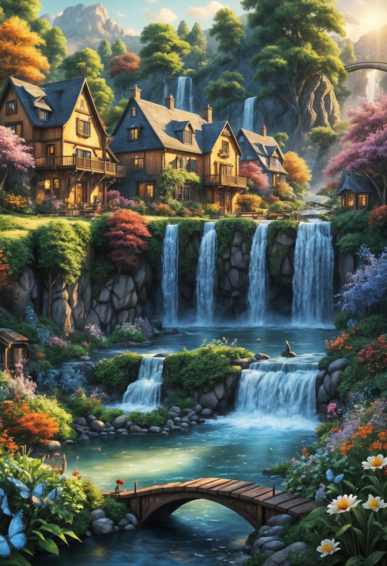 Picturesque Floral Town With Waterfall and Bridge