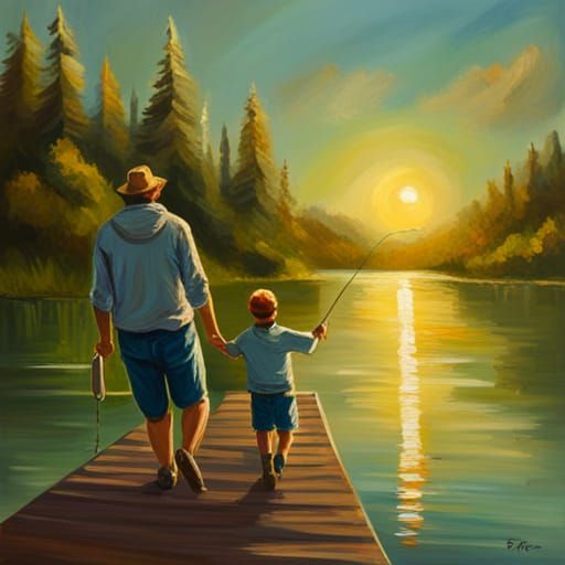 Father and Son Fishing, Impasto Oil Painting