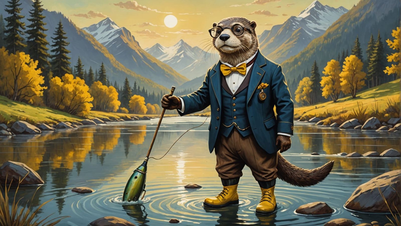 Steampunk Otter Fishing at Sunset: Acrylic Painting