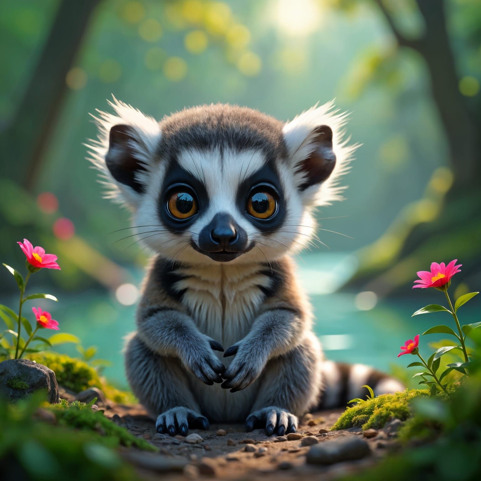 Adorable Chibi Lemur Portrait in Enchanted Forest