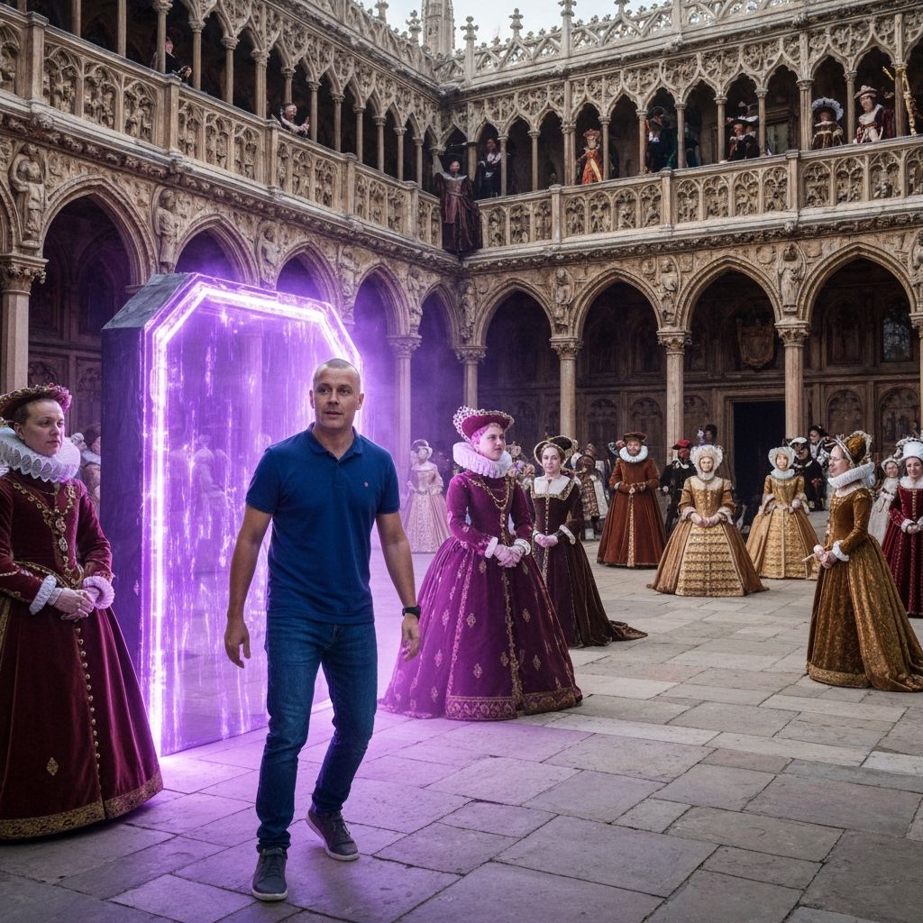 Man Emerges from Portal into Elizabethan Court