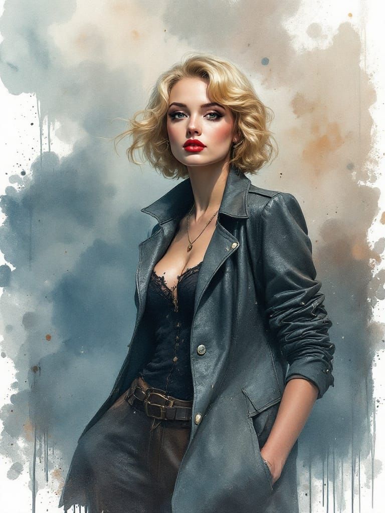 Confident Pin-Up in Whiskey-Splatter Watercolor Style