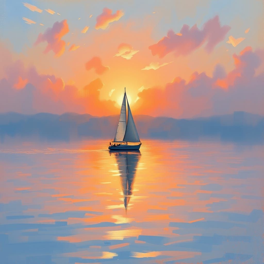 Sailboat at Sunset in Impressionist Style
