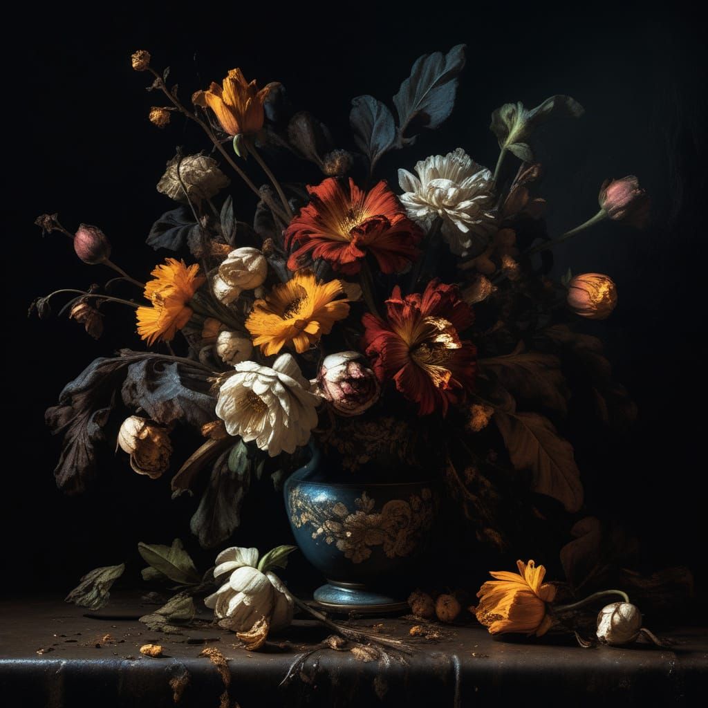 Baroque Still Life of Decaying Flowers with Chiaroscuro Ligh...