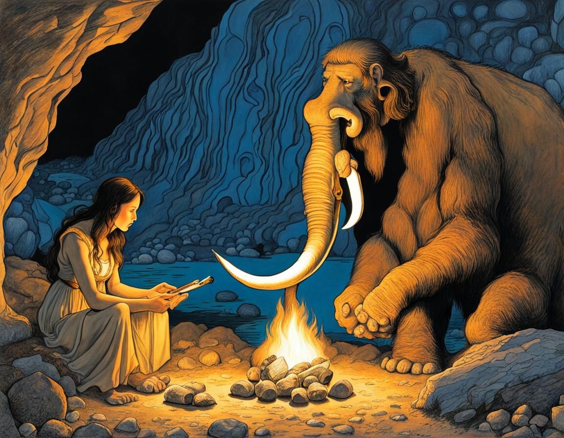 Neanderthal man drawing a picture of a mastodon on a cave wa...
