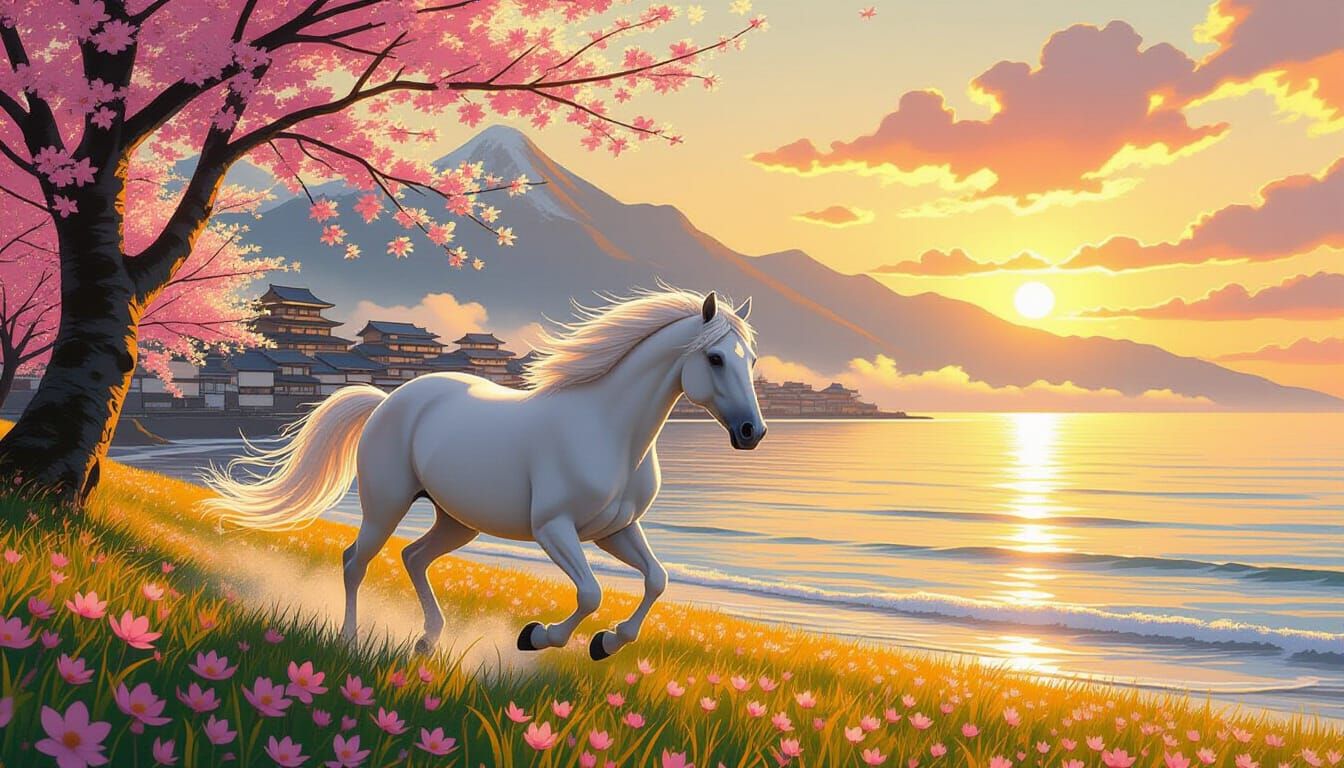 Majestic White Horse Galloping Through Sakura Field