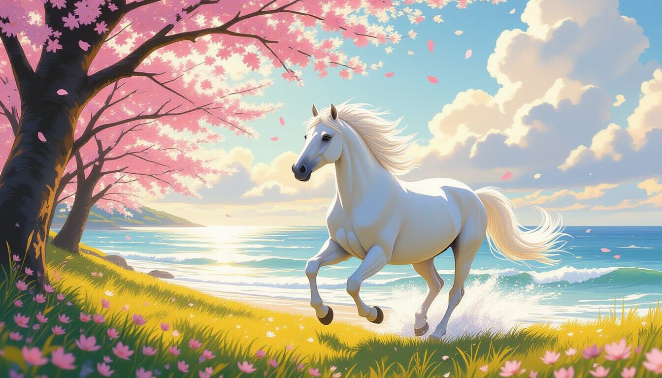 White Horse Galloping Through Sakura Trees at Sunset