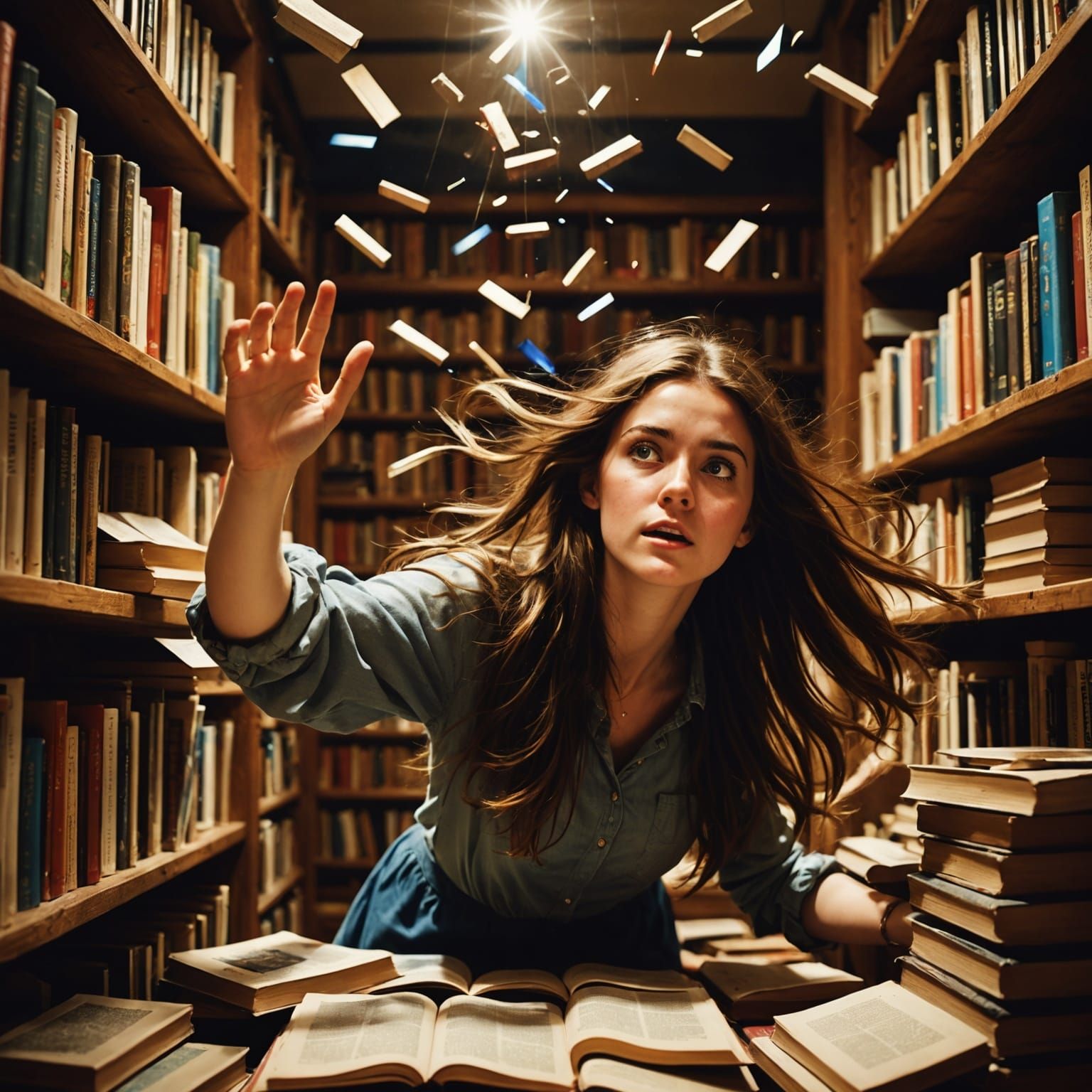 Surreal Photo of Woman Falling Through Books