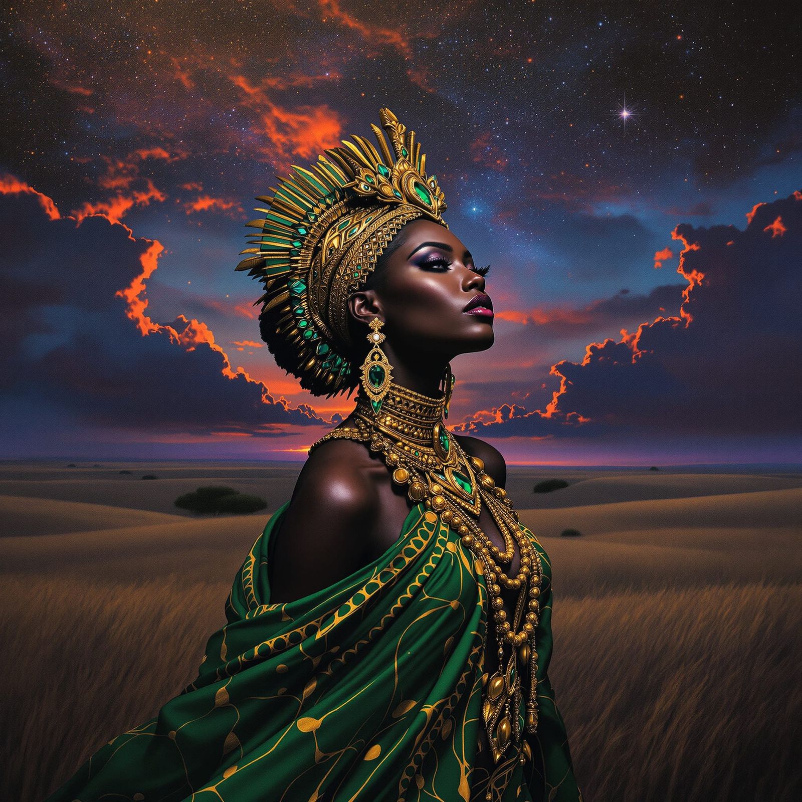 Majestic African Goddess on Savannah at Twilight