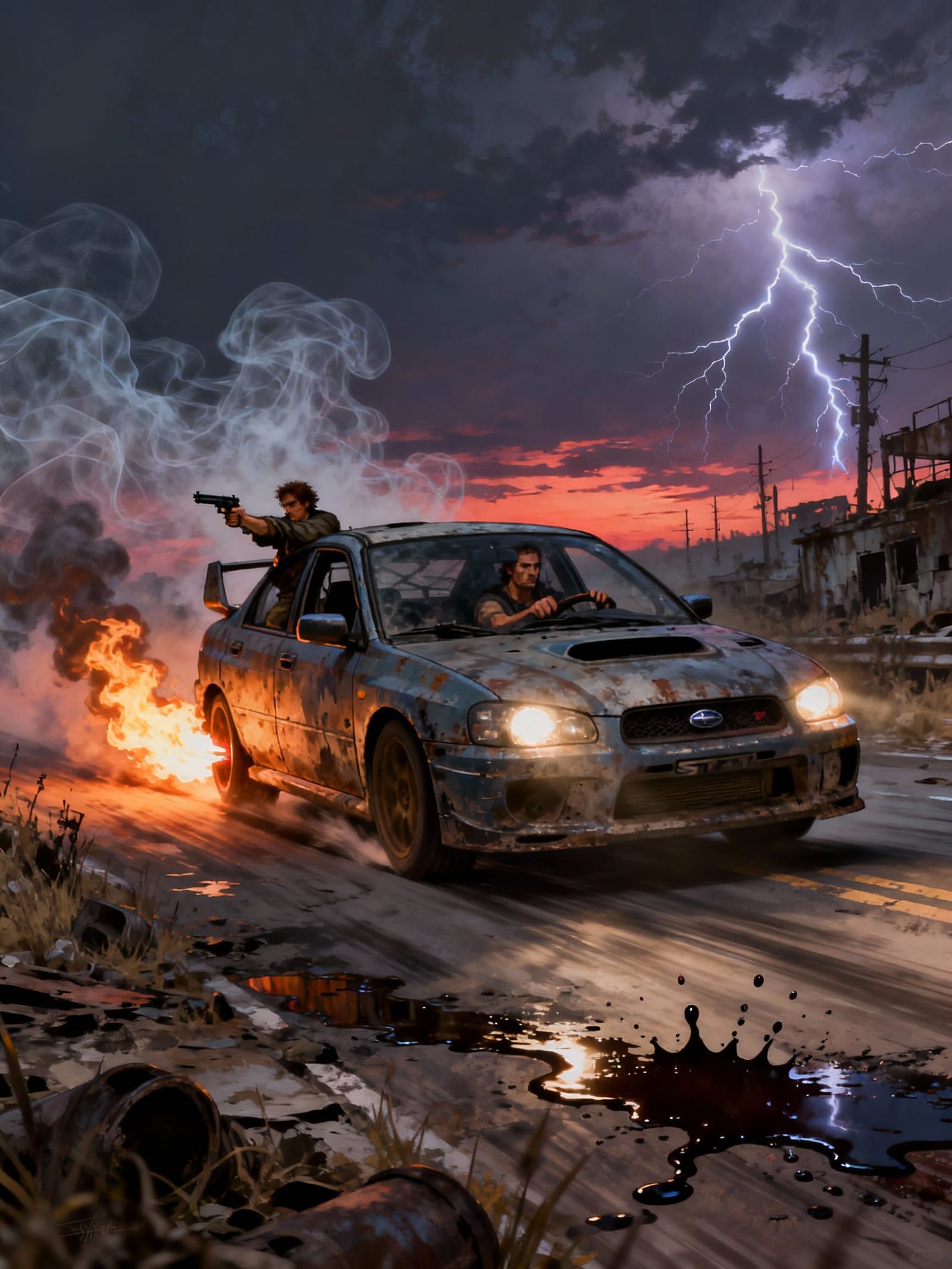 Postapocalyptic Driver Speeds Down Road in Lightning Storm