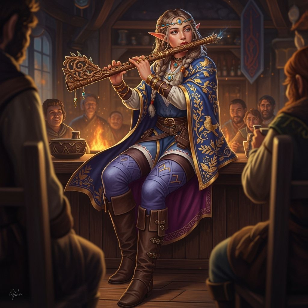 Half-Elf Bard Plays Flute in Fantasy Tavern