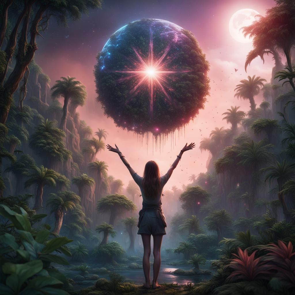 Mystical Star Above Girl's Hands in Jungle Scene