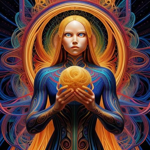 Intricate Pasta Humanoid Painting in Triadic Colors