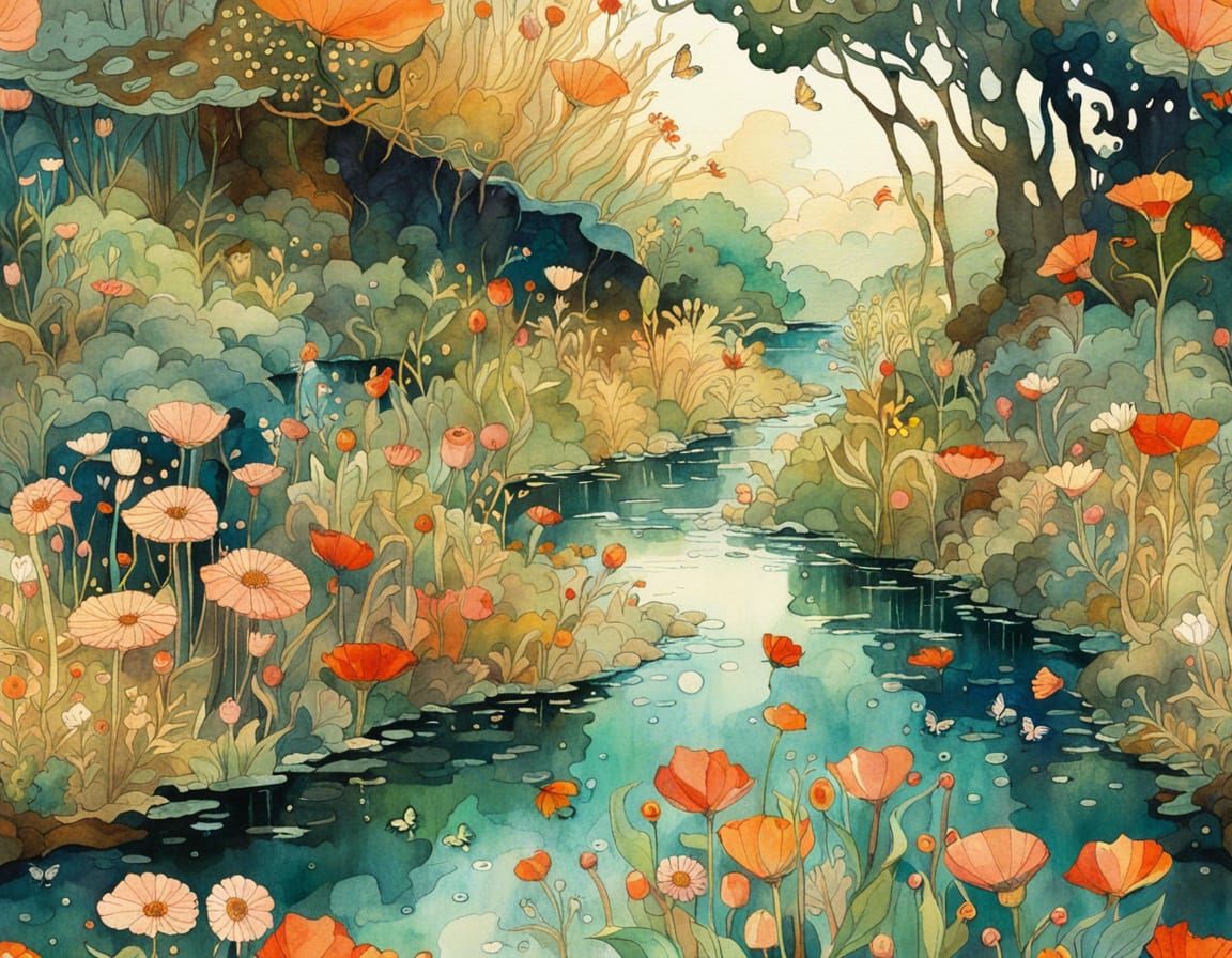 Enchanted Stream: Watercolor Illustration