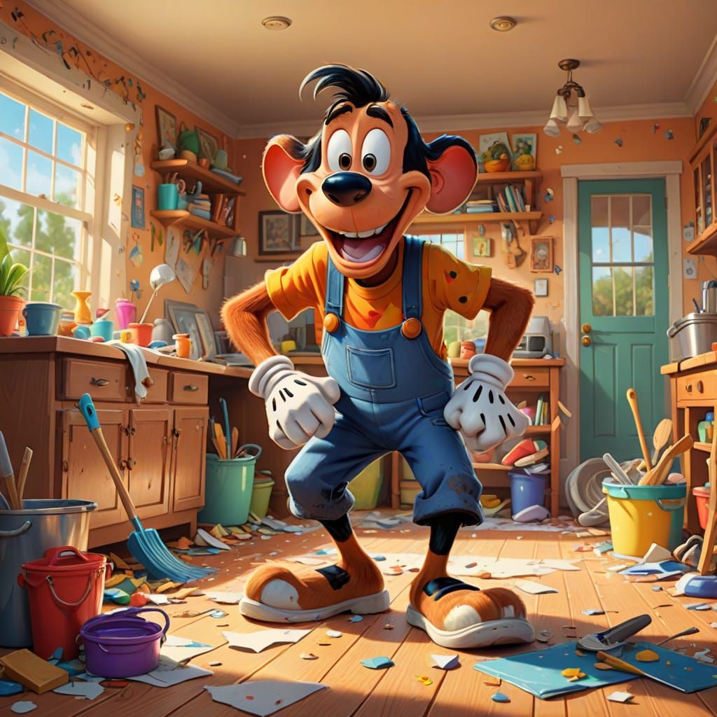 Goofy Tidies Up a Messy House in Vibrant Digital Art