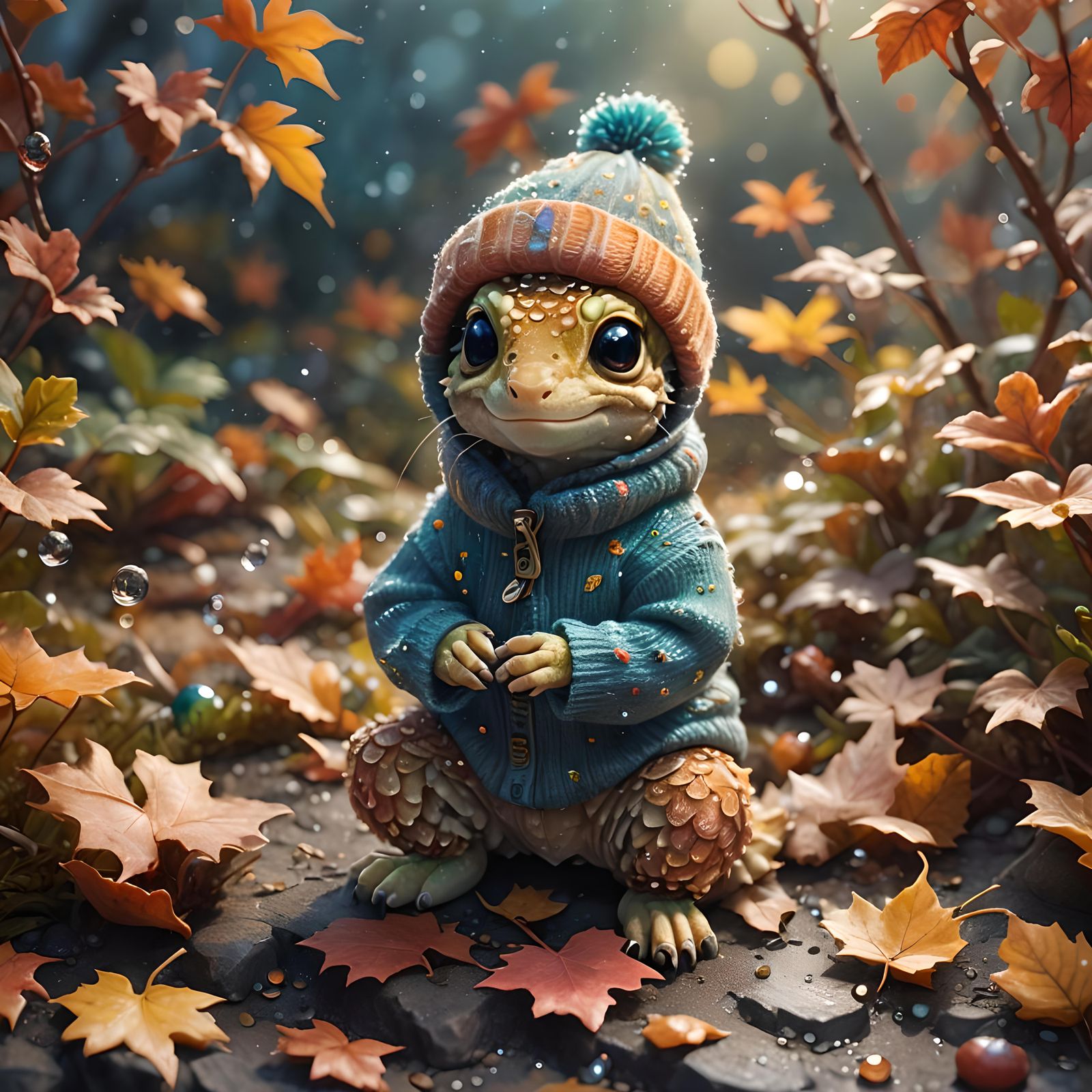 Cute Dragonet in Autumn Woods, Digital Art