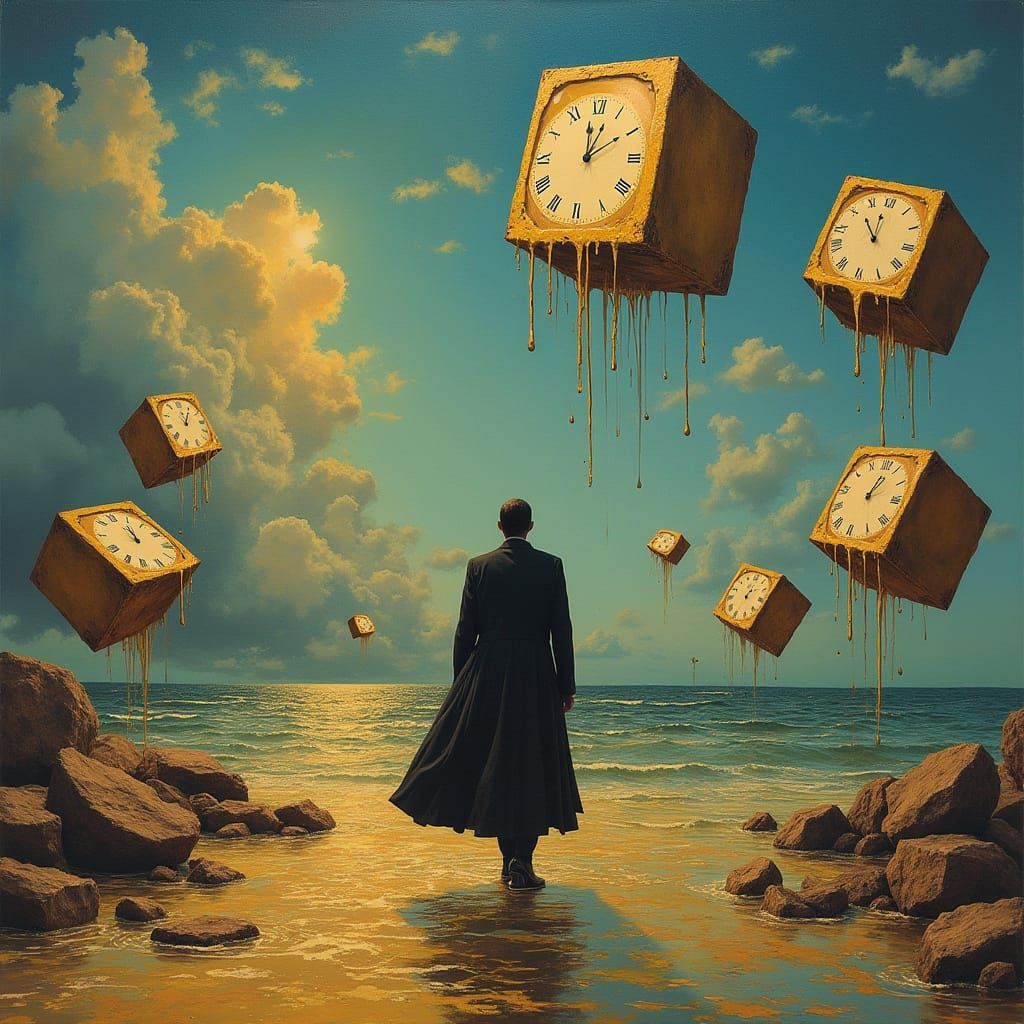 Surreal Seascape with Melting Clocks in Dreamlike Style