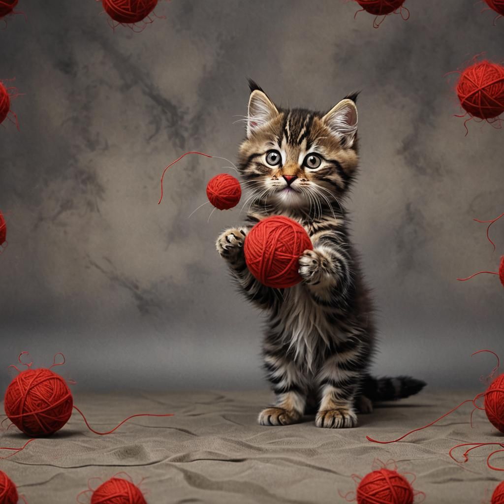 Fluffy Tabby Kitten Plays with Red Wool Ball