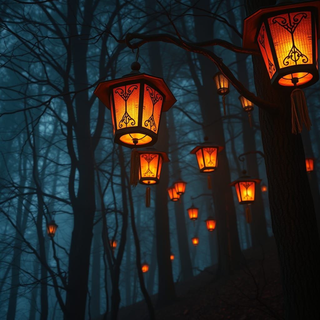 Ethereal Forest Glowing Lanterns in a Dark Aesthetic