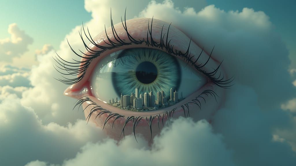 Dreamlike photo of a giant hyperrealistic human eye, contain...