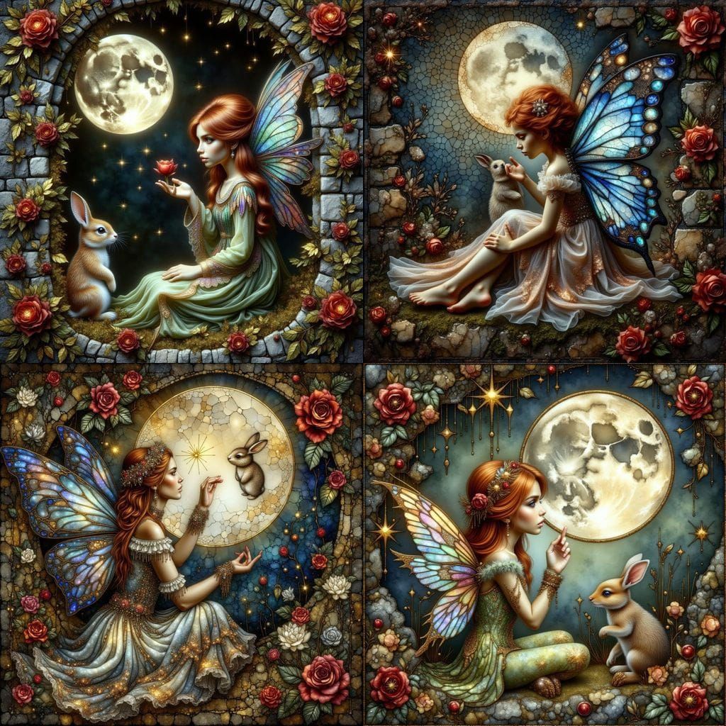 Whimsical Fairy Kisses a Bunny in a Moonlit Garden