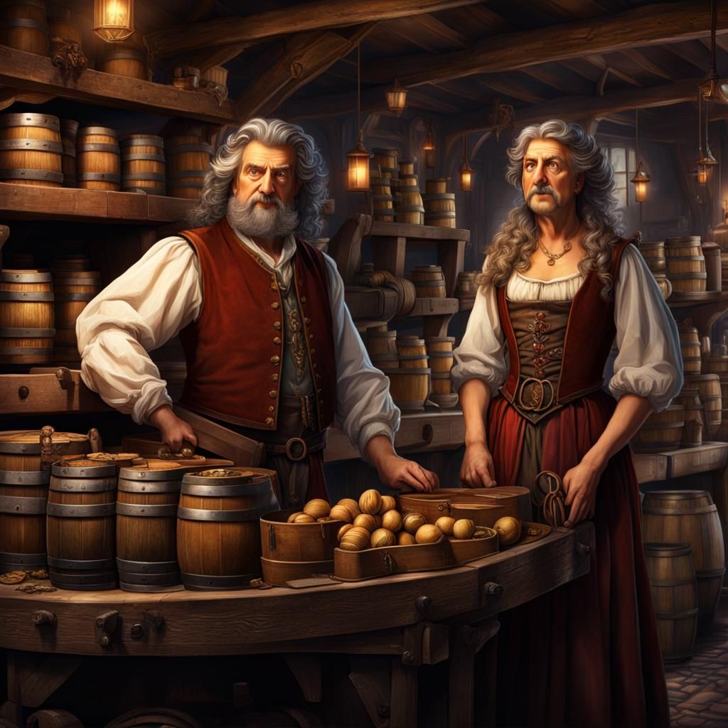 Dwarf Merchant Couple at Medieval Counter, Detailed Painting