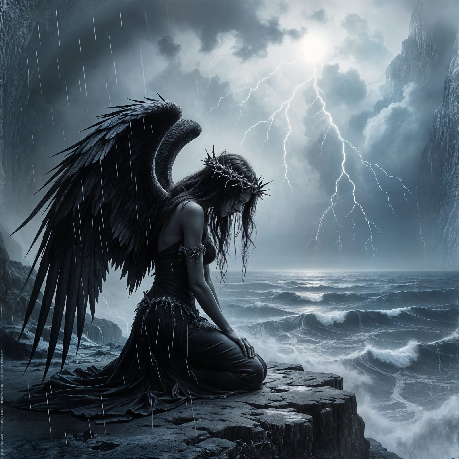 Fallen Angel on Cliff Overlooking Dark Sea