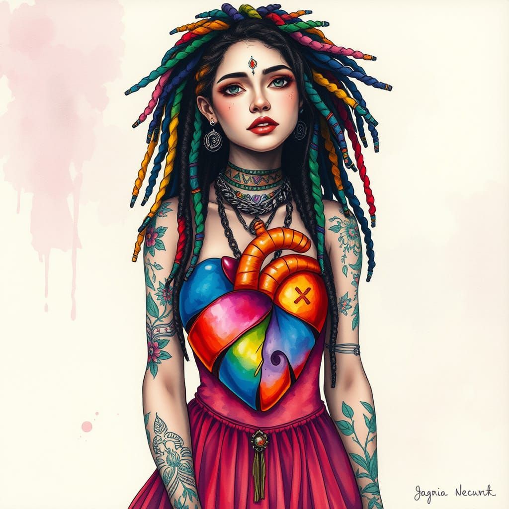 Prismatic Heart: Vibrant Woman in Watercolor Style