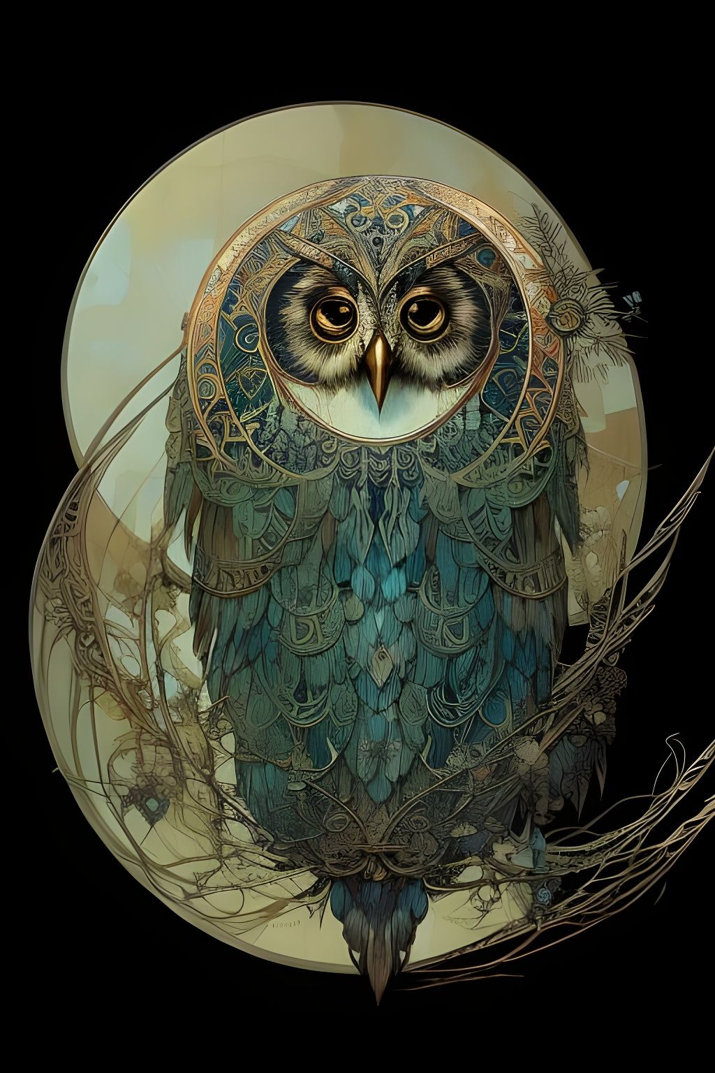 Detailed Owl on Crescent Moon Digital Painting