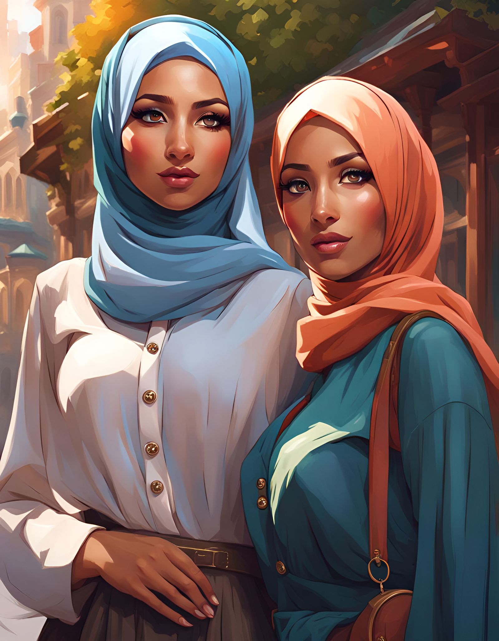 Hijabi Women Explore a Cozy City in Summer