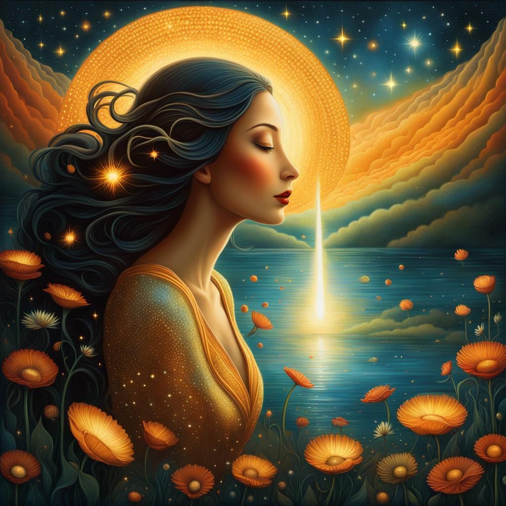 Serene Woman Soaking in Sunset Energy: Digital Fantasy Art