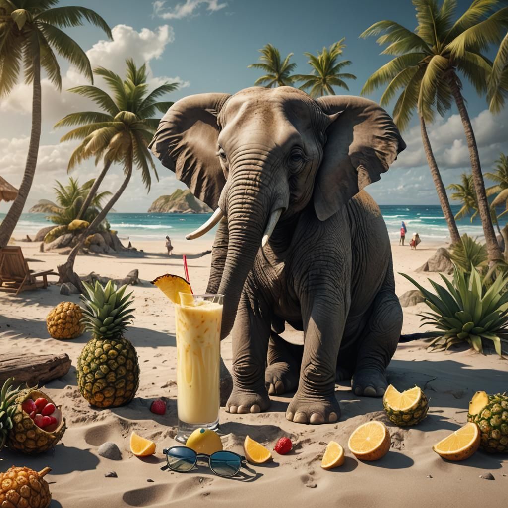 Elephant on Beach with Piña Colada: Fantasy Concept Art