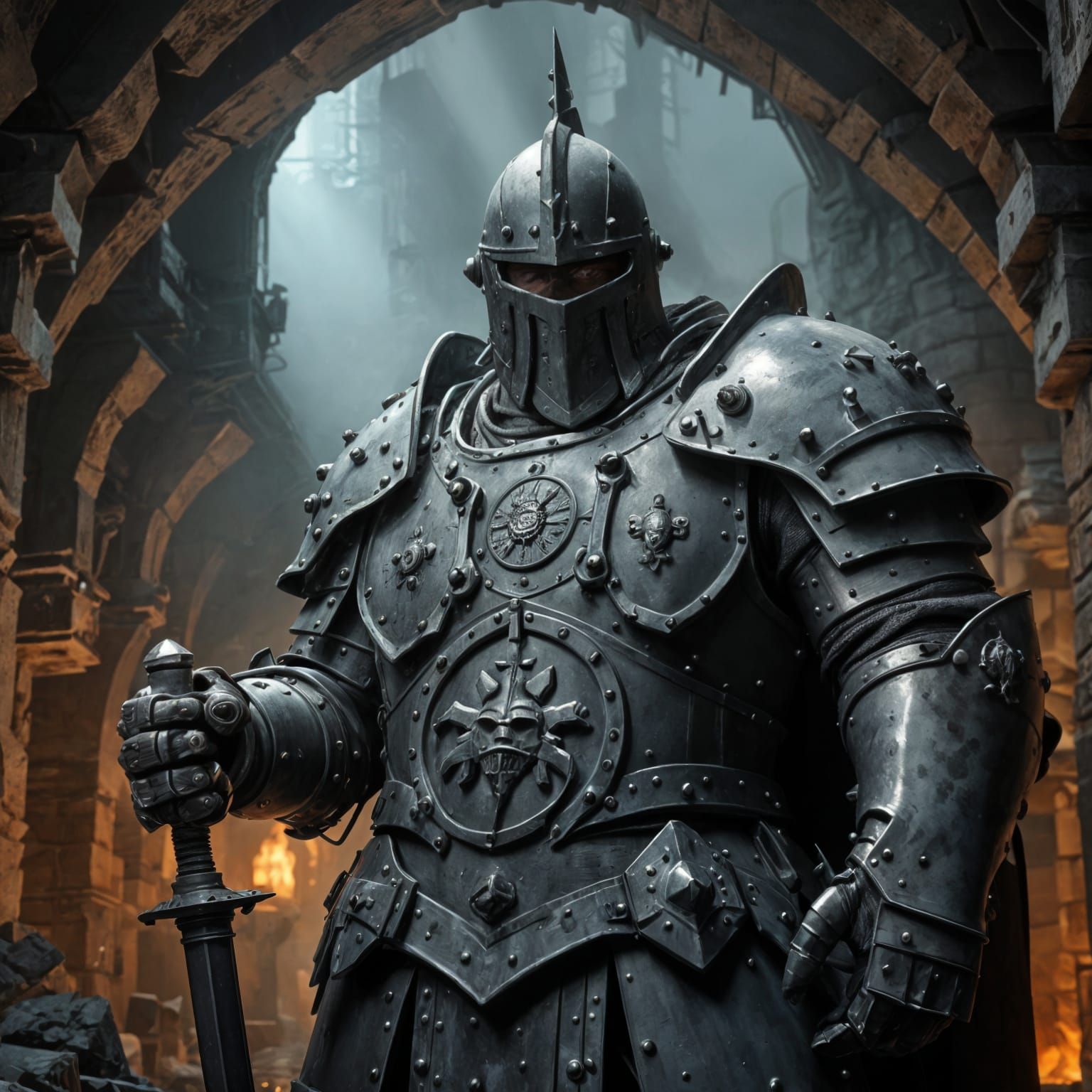 Imposing Knight in Dark Dungeon, Industrial Sci-Fi Style