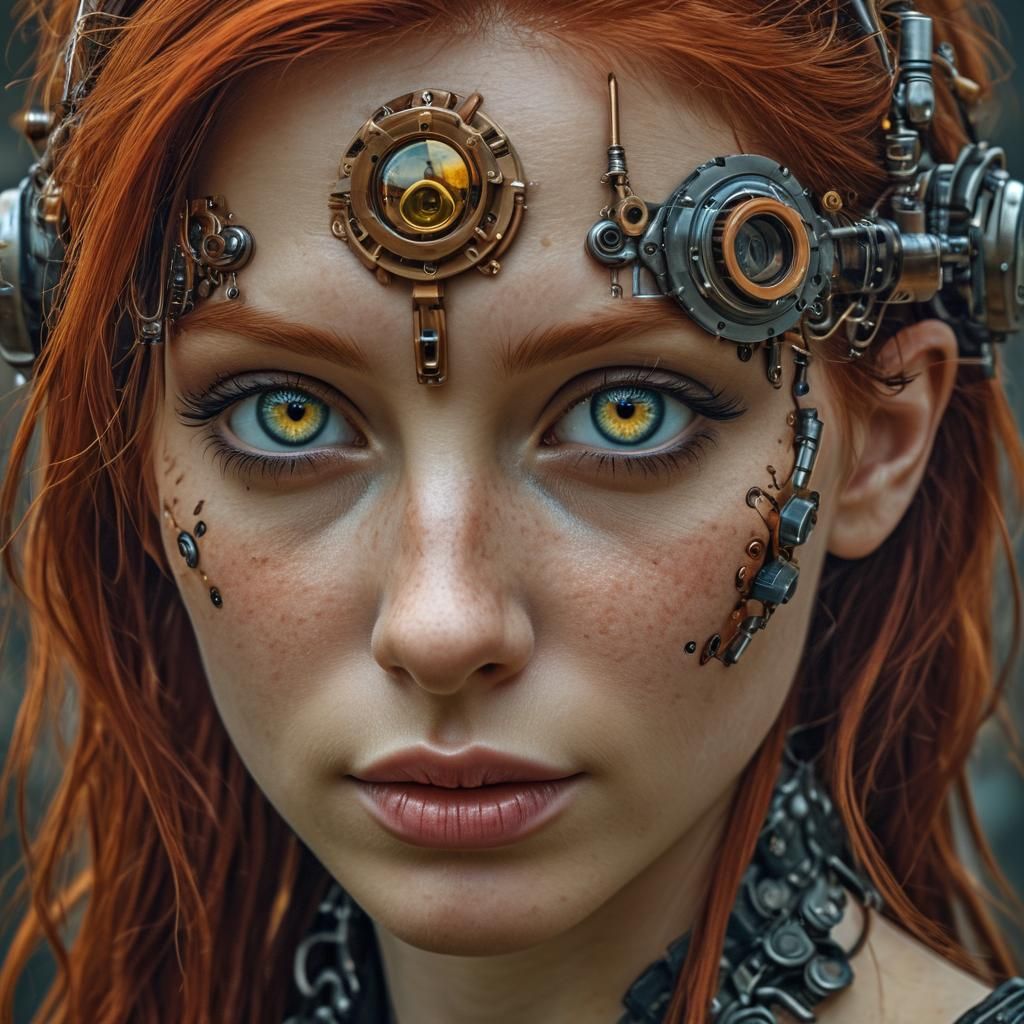 Steampunk Redhead with Cybernetic Eyes: Hyperrealistic Portr...