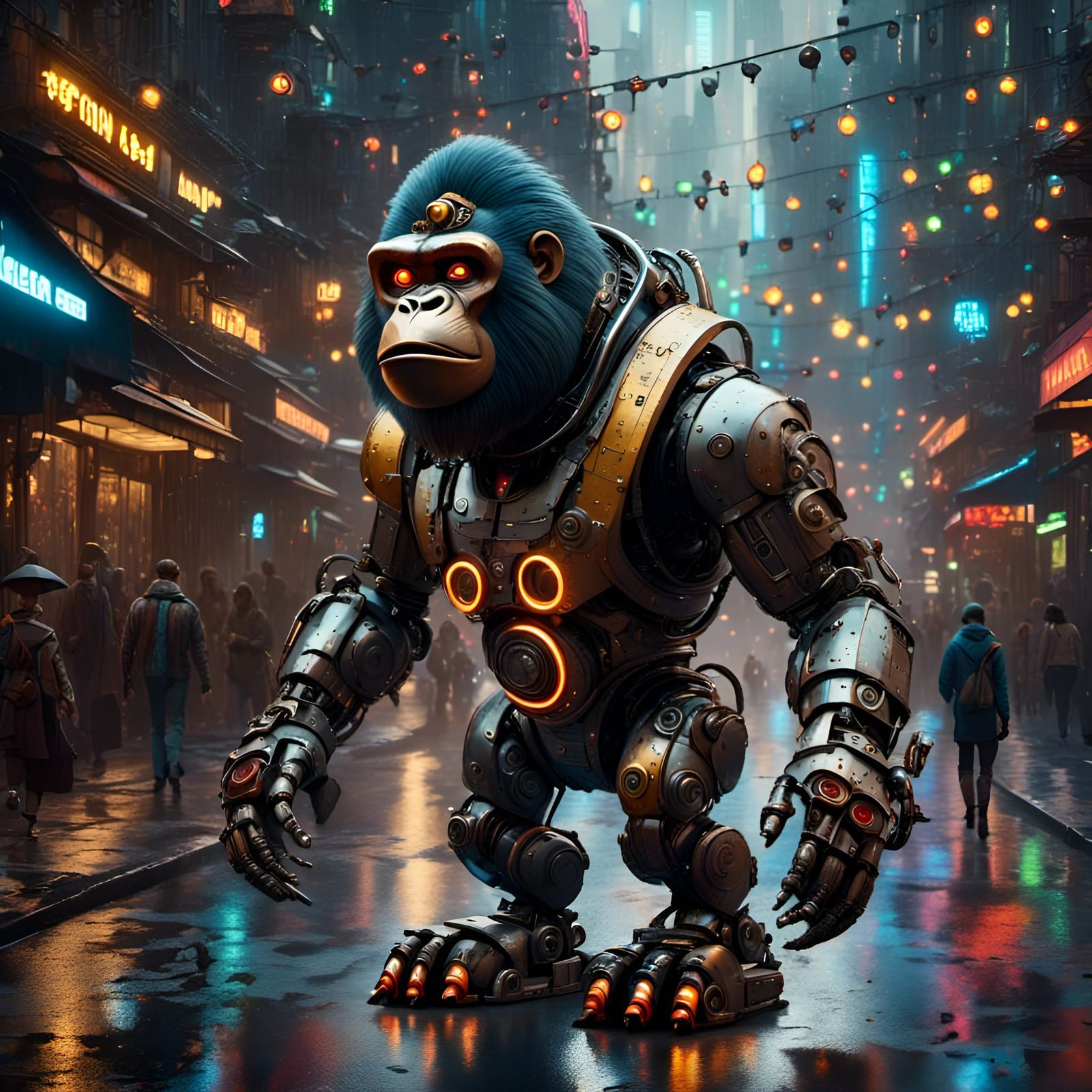 Angry Gorilla Roams Futuristic City at Night