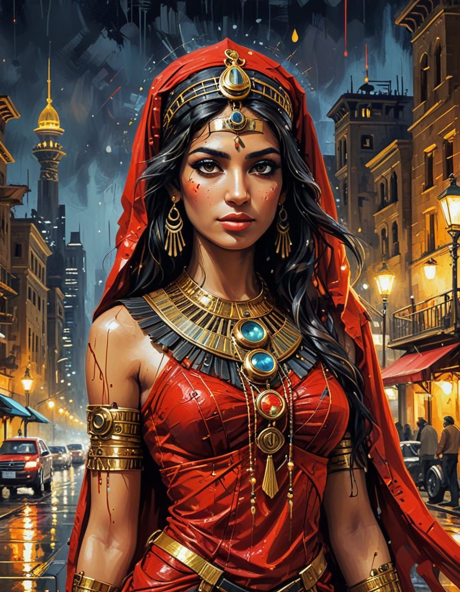 Steampunk Egyptian Isis in Vivid Cityscape, Oil Painting
