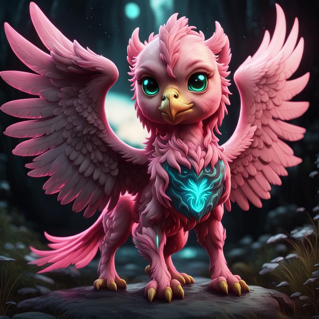 Bioluminescent Pink Chibi Griffin: Fantasy Art