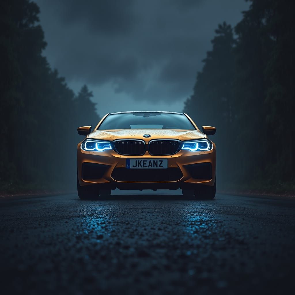 Gold BMW M5 in Rainy Cyberpunk Forest