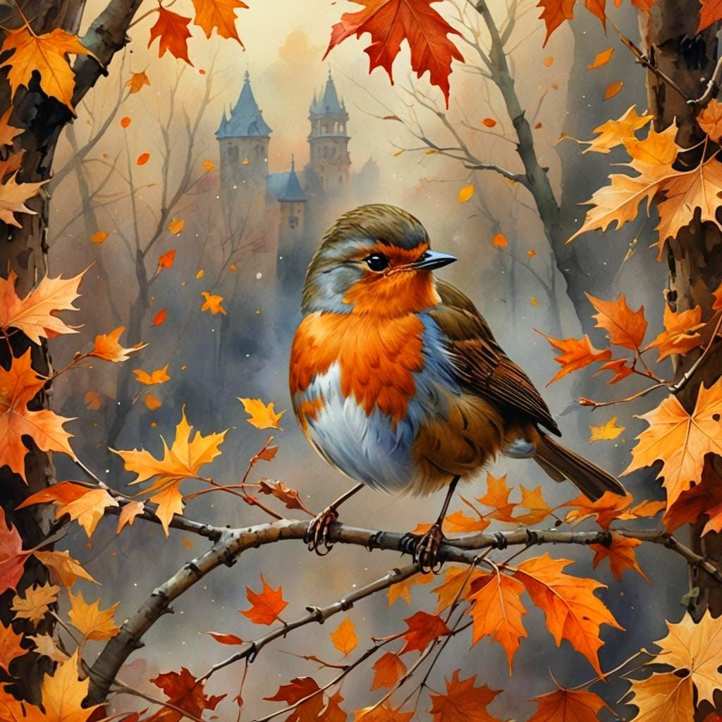 Robin in Autumn Watercolor Painting
