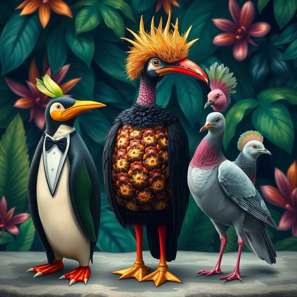 Vibrant Fruits and Birds in Tropical Paradise