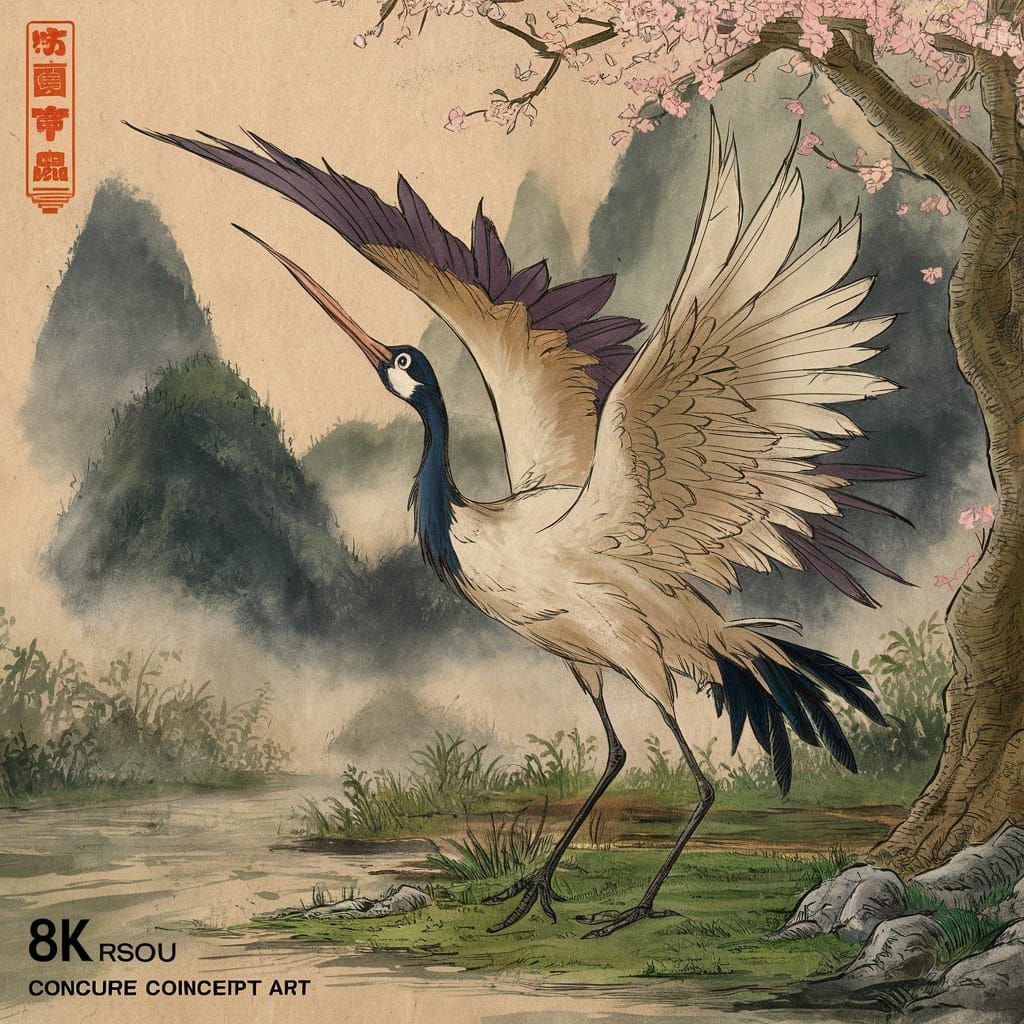 Crane in Flight: Ink Drawing in Ghibli Style