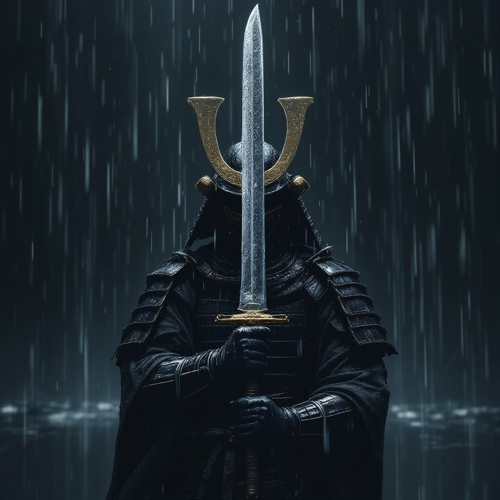 Lone Samurai in Rain: Hyper-Realistic Digital Art