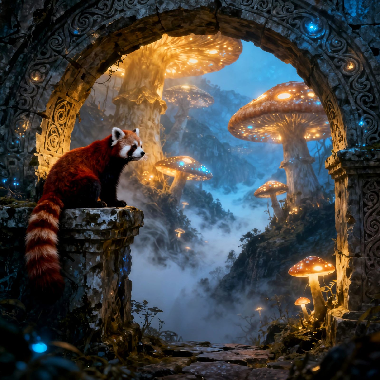 Red Panda on Ancient Archway Overlooking Misty Valley