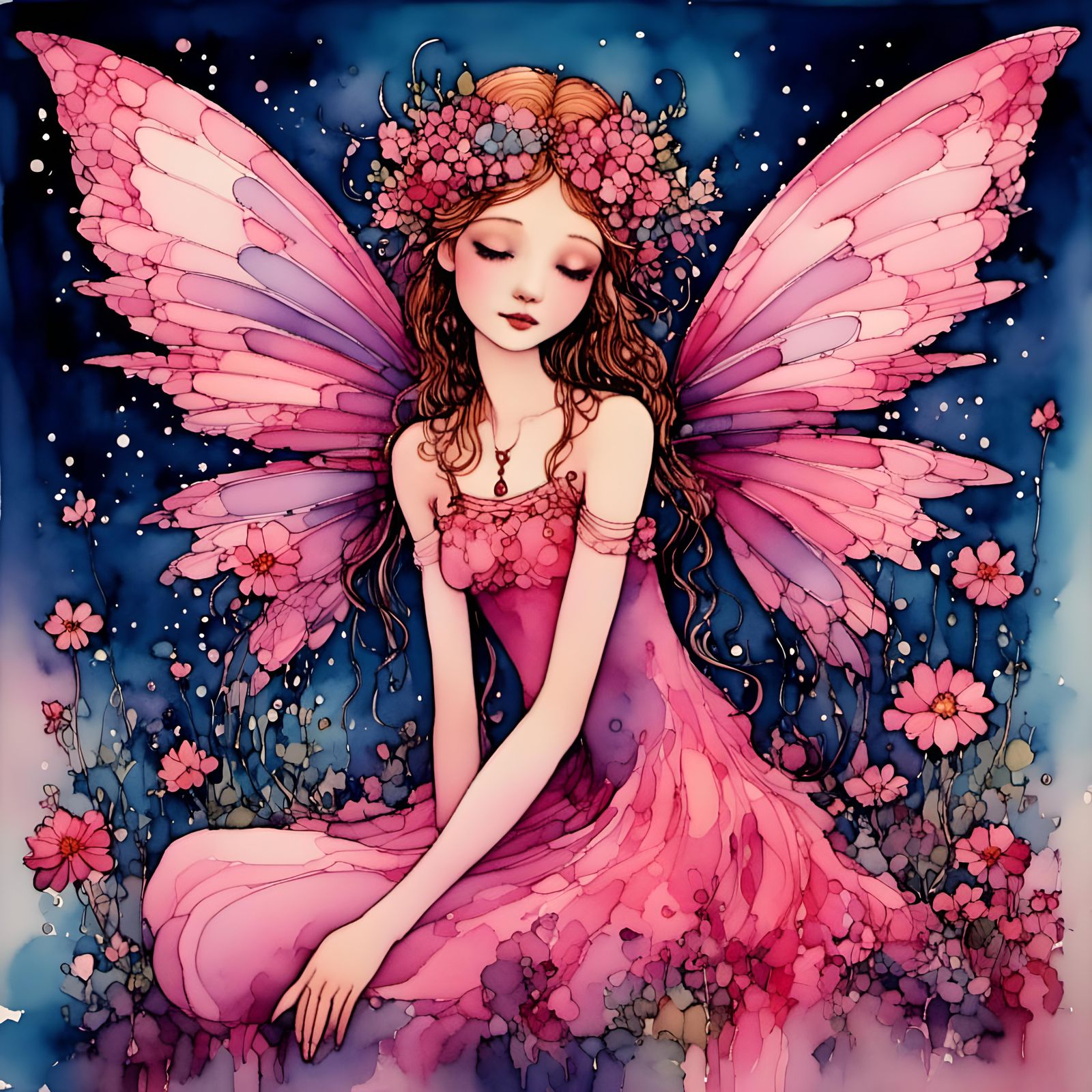 <lora:Pink Landscape:1.0> beautiful fantasy fairy with perfe...